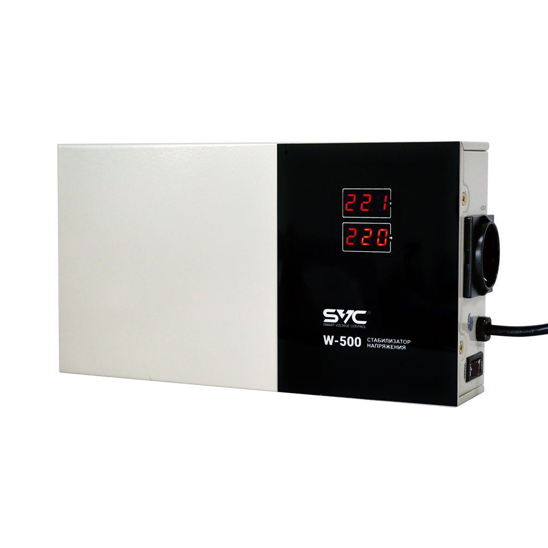 Стабилизатор (AVR), SVC, W-500, Мощность 500ВА/500Вт, LED-дисплей, Диапазон работы AVR: 140-260В, Вых.: 220В+/-7%, 1 х Shcuko, Кабель питания: 1,35м, 
