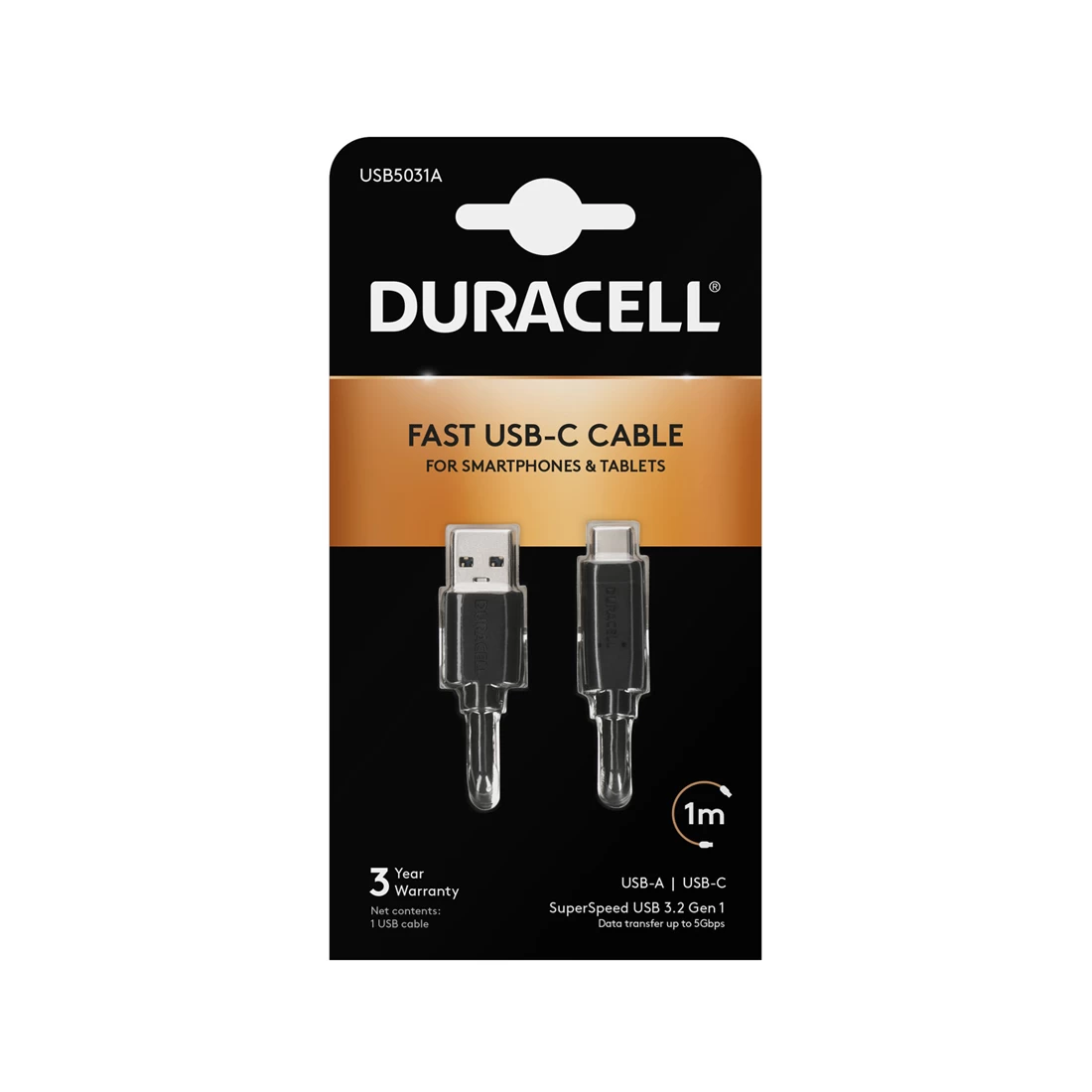 Интерфейсный кабель, Duracell, USB6061A, USB-A на USB-C, Кевлар, 3A/5V, Скорость передачи данных 480 Мбит/с, 1 м, Чёрный