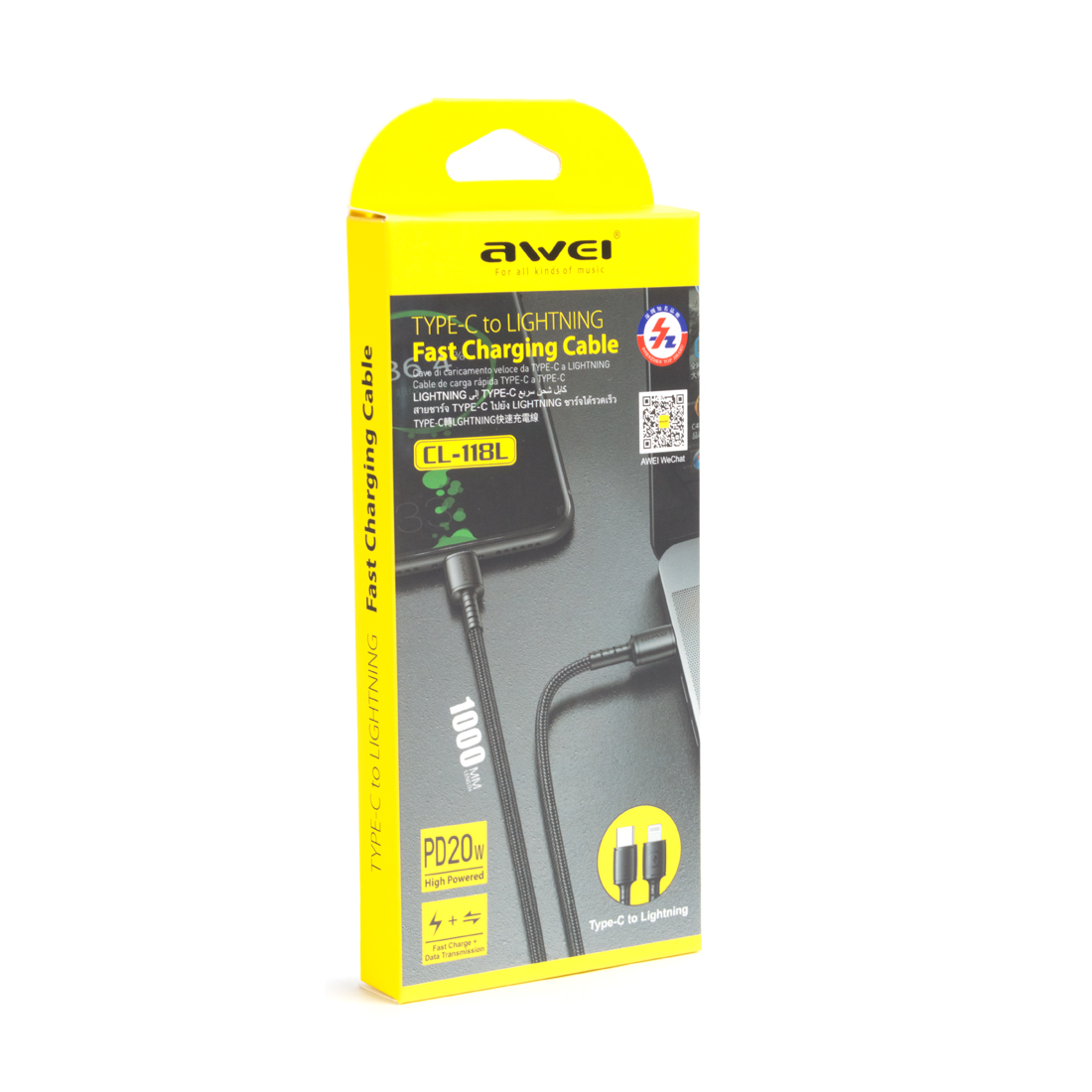 Интерфейсный кабель, Awei, Type-C to Lightning (Iphone) CL-118L, 5V, 2,4A, 1m, Черный