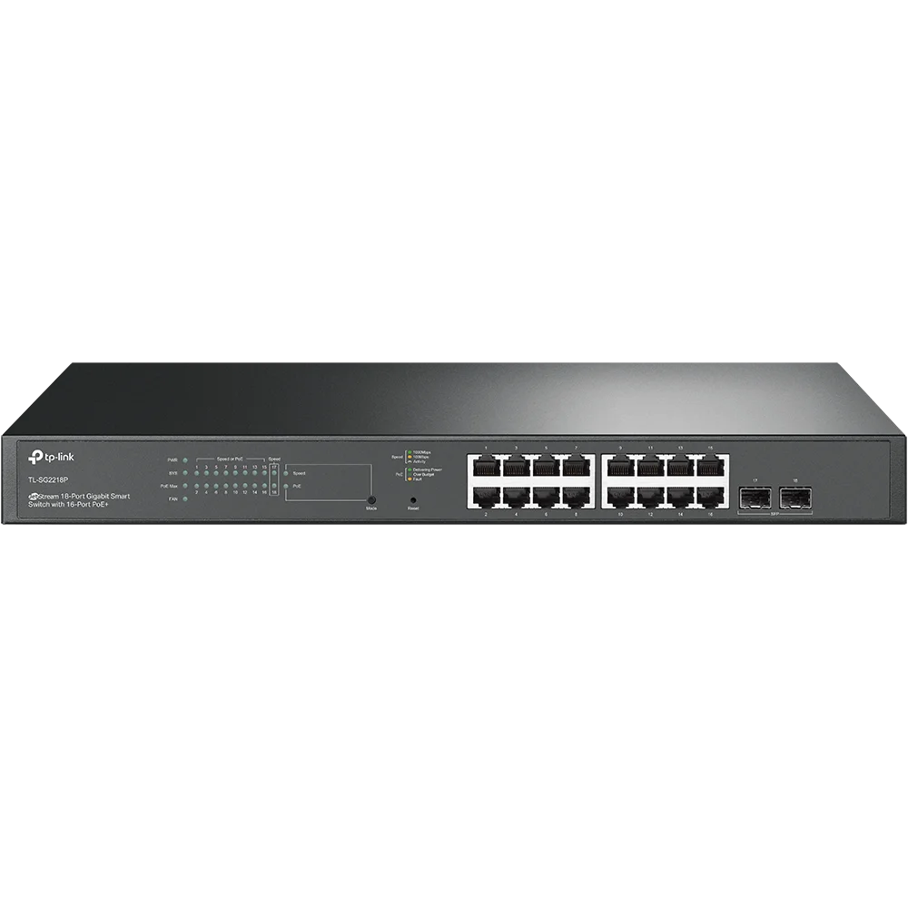 Коммутатор PoE+ Smart GbE 18-портовый Tp-Link SG2218P <JetStream™ 16 портов GbE 802.3af/at (max 30W на порт),  2 гигабитных SFP-слота, коммутационная 