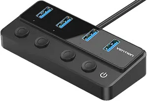 Расширитель Хаб USB Vention CHWBF <USB 3.0 to USB 3.0 x4+USB C Hub With Individual Power Switches 1M Black>