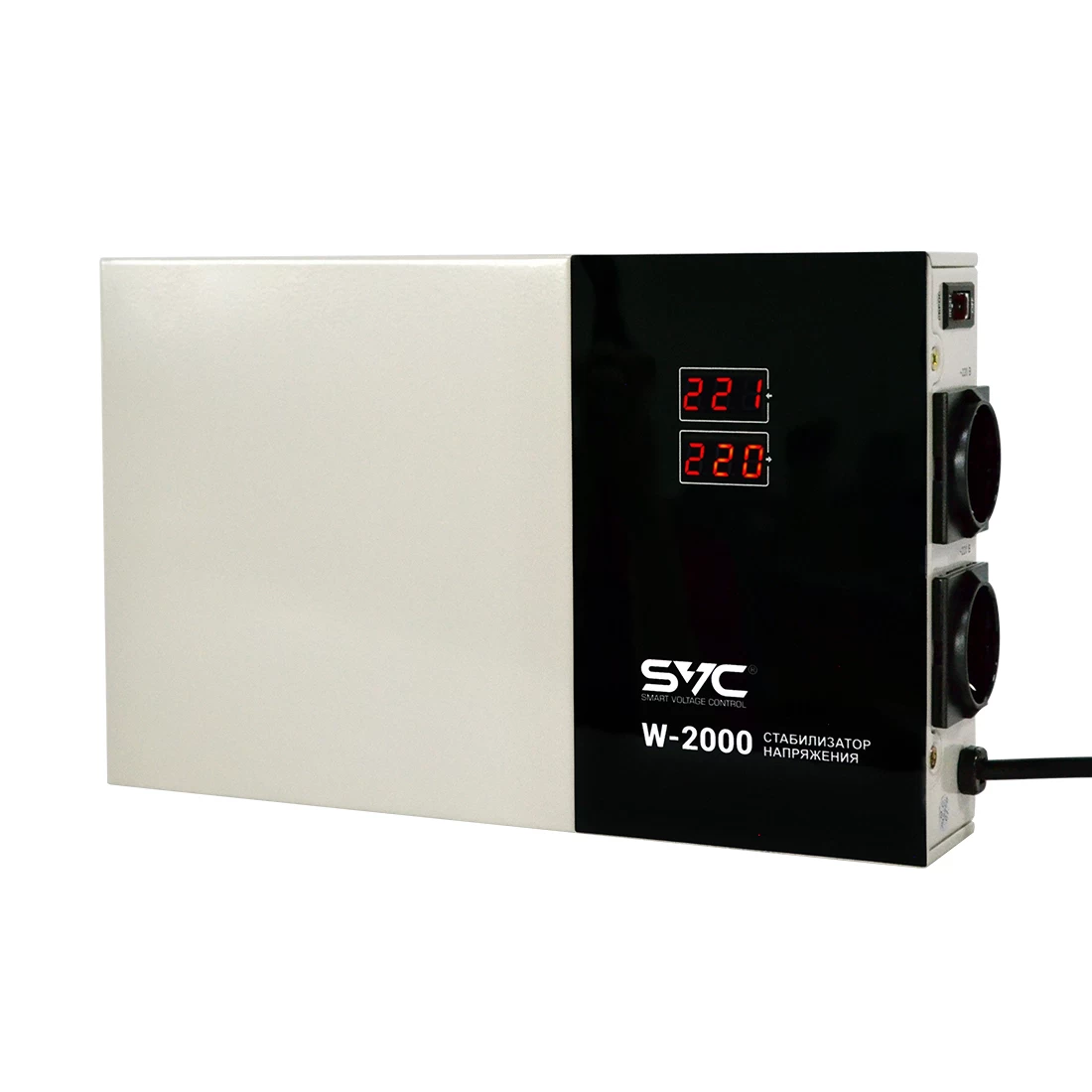 Стабилизатор (AVR), SVC, W-2000, Мощность 2000ВА/2000Вт, LED-дисплей, Диапазон работы AVR: 140-260В, Вых.: 220В+/-7%, 2 х Shcuko, Кабель питания: 1,35