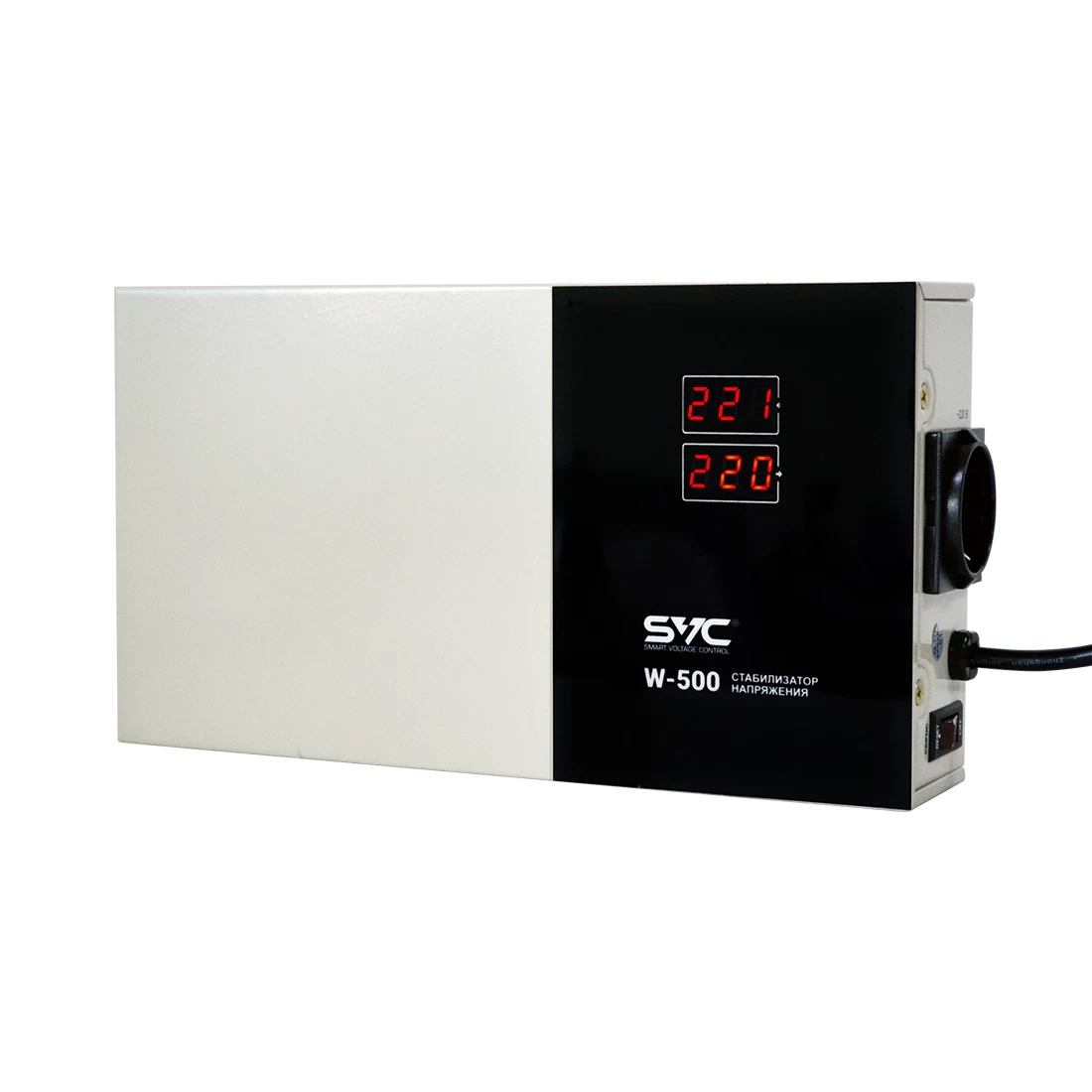 Стабилизатор (AVR), SVC, W-500, Мощность 500ВА/500Вт, LED-дисплей, Диапазон работы AVR: 140-260В, Вых.: 220В+/-7%, 1 х Shcuko, Кабель питания: 1,35м, 
