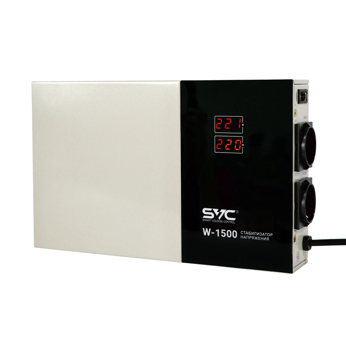 Стабилизатор (AVR), SVC, W-1500, Мощность 1500ВА/1500Вт, LED-дисплей, Диапазон работы AVR: 140-260В, Вых.: 220В+/-7%, 2 х Shcuko, Кабель питания: 1,35